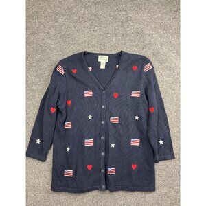 Quacker Factory Cardigan Sweater Womens Large Navy Embroidered Flags Patriotic